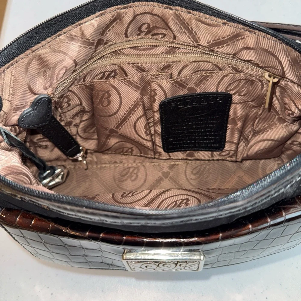 Brighton‎ Black Nylon Croc Embossed Leather Crossbody Bag F174135 Brown Trim